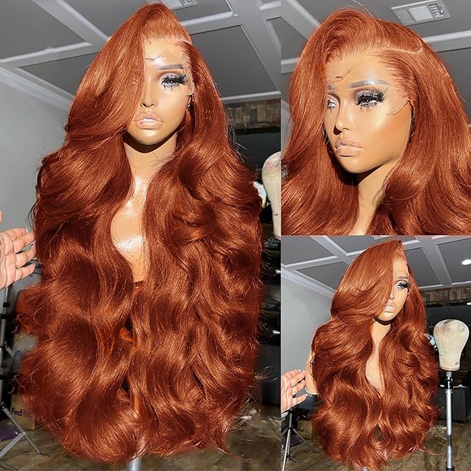 AMIRTY 250 density 32 Inch Dark Ginger Wig Human Hair Pre Plucked 13x4 Auburn Colored Lace Front Wigs Body Wave Glueless Wigs Human Hair HD Lace Frontal Reddish Brown Human Hair Wig