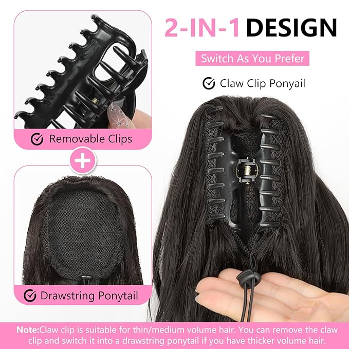 ALXNAN Ponytail Extension,24 Inch Claw Clip in Long Curly Wavy Grey with White Ends Ponytail Hair Extension Jaw Clip on Pony Tails Hairpiece for Women