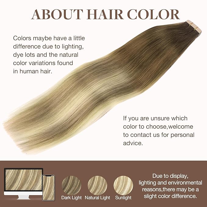 GOO GOO Tape in Hair Extensions Human Hair, 3/8/613 Walnut Brown to Ash Brown and Bleach Blonde, 16inch 50g 20pcs, Skin Weft Seamless Invisible, Silky Straight with Thick Ends, Remy Human Hair