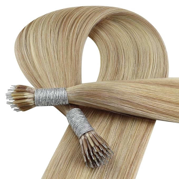 YoungSee Nano Hair Extensions Real Human Hair Blonde Highlight Nano Ring Remy Hair Extension Ash Brown Highlights Golden Blonde Pre Bonded Nano Extensions Silky Straight 16 inch 50g 50s