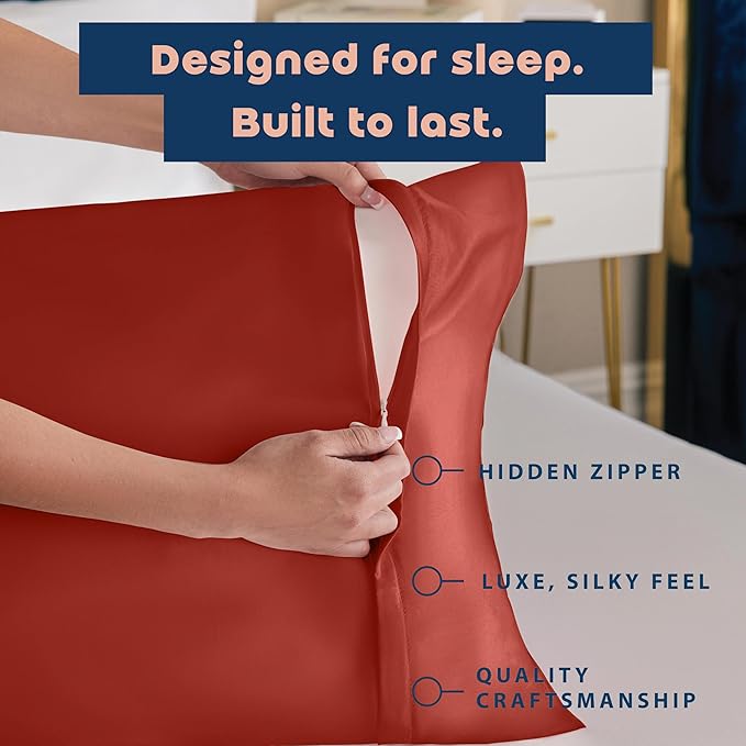 BLISSFORD Satin Pillowcase with Zipper, for Hair and Skin Care, Feels Soft and Cool Like a Silk Pillowcase, Satin Pillow Cases 2 Pack, Slik Pillow Cover, Rust - King Size, Set of 2