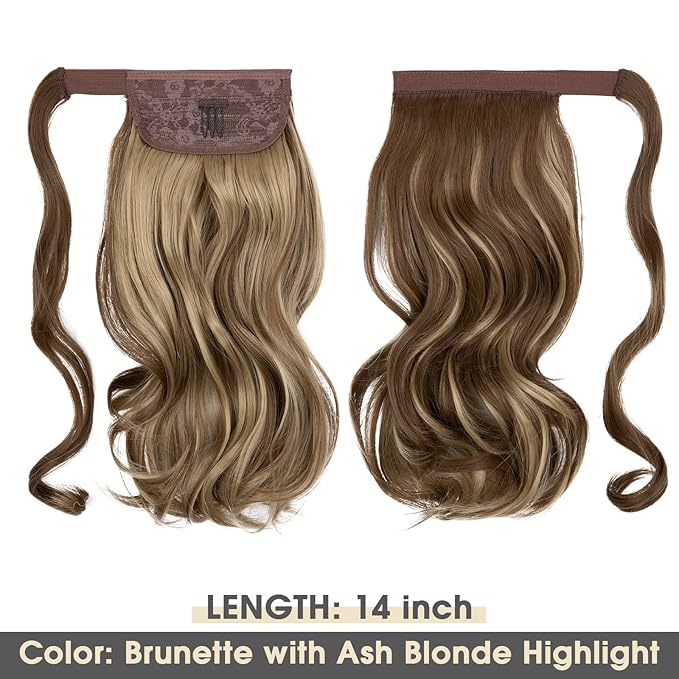 CJL HAIR 14" Short Ponytail Hair Extension Wrap Around Pony Tail Clip in Curly Wavy Synthetic Fake Hairpiece for Women Ash Medium Brown/Ash Blonde