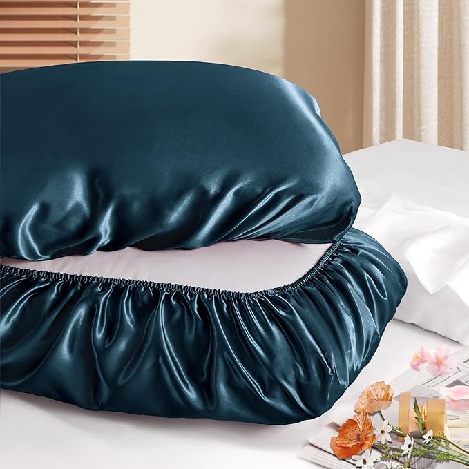 Manyshofu Satin Pillowcases for Hair Protection - 2Pcs Navy Blue Pillow Cases, Elastic Band Standard & Queen Satin Pillowcases Luxury Silky Pillow Cases Travel Pillow Covers