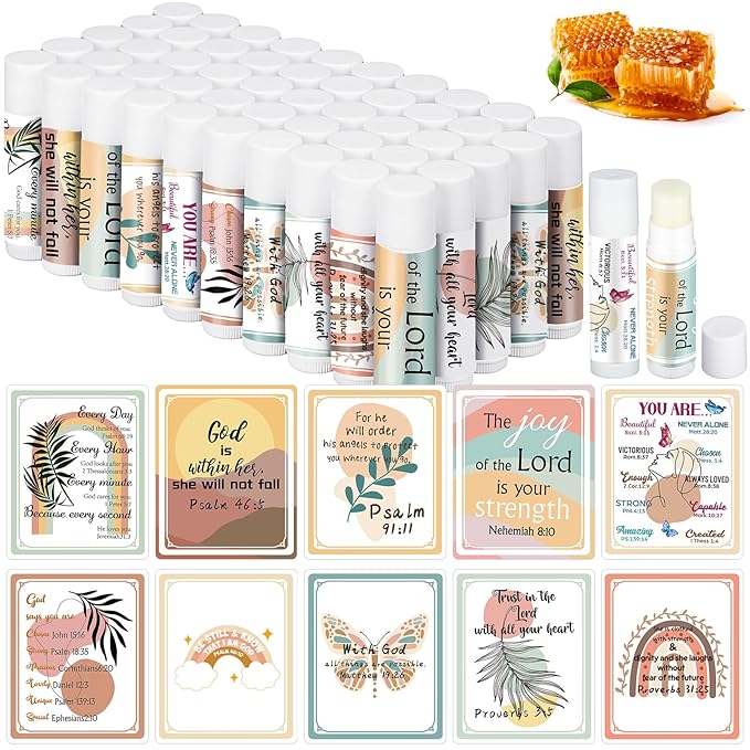 50 Pack Lip Balm Religious for Women Boho Christian Lip Balm with Scripture Bulk Lipsticks Gifts Faith Bible Verse Scripture Inspirational Gift Party Favors Coworkers 10 Styles