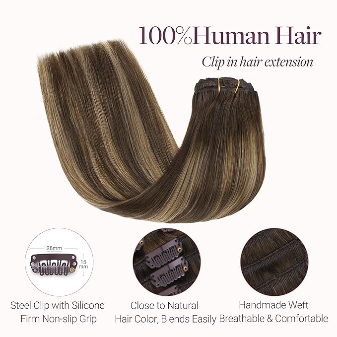 GOO GOO Clip in Hair Extensions Real Human Hair, Remy Human Hair Extensions Clip ins for Women, Natural Human Hair, 20inch 150g 9Pcs, 4/27/4 Balayage Chocolate Brown to Caramel Blonde