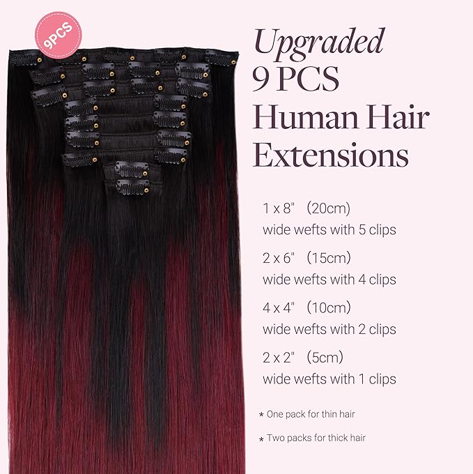 GOO GOO Clip in Hair Extensions Real Human Hair, Remy Human Hair Extensions Clip ins for Women, Natural Human Hair, 16inch 150g 9 Pcs, #1/99j Balayage Jet Black to Red