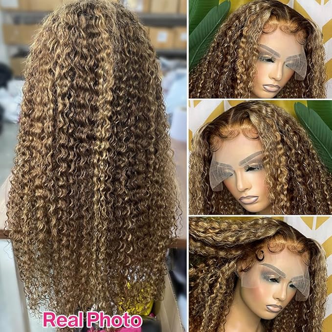 CYNOSURE 13x5 Highlight Ombre Lace Front Wig Human Hair 427 Colored Honey Blonde Deep Wave Curly Wig 180% Density HD Transparent Lace Frontal Wigs Human Hair 22 Inch