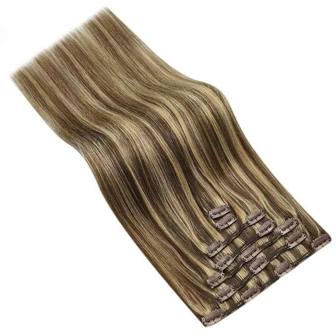 Ve Sunny Clip in Hair Extensions Real Human Hair Brown Highlights Hair Extensions Clip ins Dark Brown mit Caramel Blonde Human Hair Clip in Extensions Easy to Wear 20 Inch 7pcs 120g