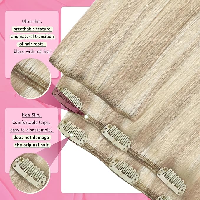 YoungSee Blonde Clip in Extensions Highlight Clip on Hair Extensions for Women Ash Mix Bleach Blonde Clip in Hair Extensions Real Human Hair Dayble Remy Hair 120G 7Pcs 24In