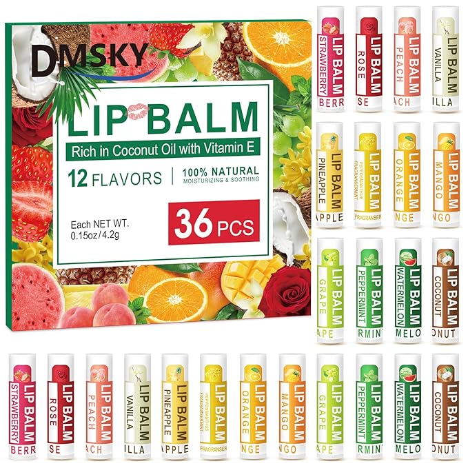 DMSKY 36 Pack Lip Balm, Natural Lip Balm Bulk with Vitamin E and Coconut Oil, Lip Care Product, Moisturizing Soothing Chapped Lips