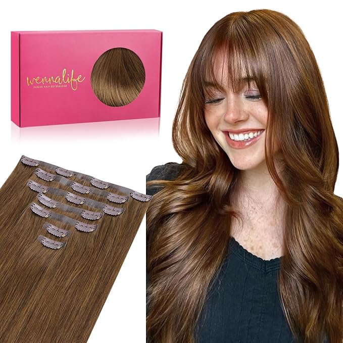 WENNALIFE Seamless Clip In Hair Extensions Human Hair, 16 Inch 130g 7pcs Light Auburn Brown Real Hair Extensions Clip in Human Hair Invisible PU Skin Weft Natural Remy Human Hair Extensions