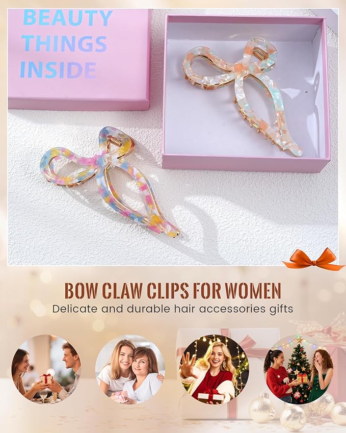 ACECHA 2 Pack Gold Metal Bow Hair Claw Clips for Women, 4.5" Colorful Non-slip Hairclips for Thick Thin Hair Claws Strong Hold Styling (Mixed Color)