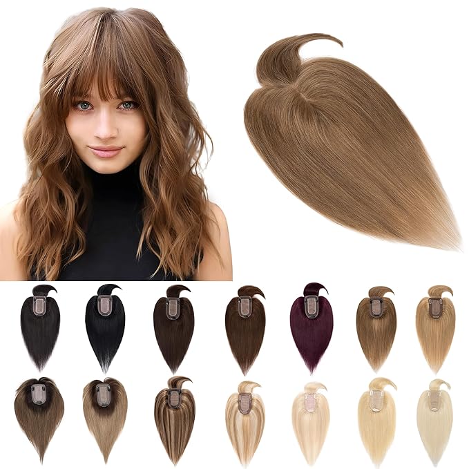 SEGO Hair Toppers for Women Real Human Hair With Bangs, 7 * 13CM Silk Base 100% Remy Human Hair Clip in Top Wiglet Hairpieces Add Volume -14 Inch Light Brown