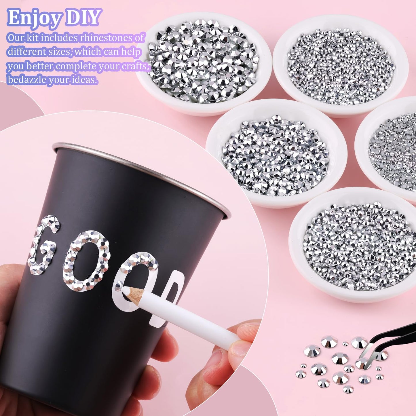 25000Pcs Resin Rhinestones with Tweezers for Crafting, Silver 2-6mm Mixed Sizes Bedazzling Crystal with 3Pcs 10ml B7000 Jewelry Glue for DIY Crafts Clothing Tumblers Shoes Fabric Nail Art