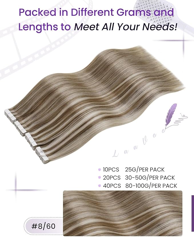 LaaVoo Tape in Hair Extensions Human Hair Highlights Tape ins Human Hair Extensions Platinum Blonde Highlights with Ash Brown Hair Extensions Tape in 22 Inch 20pcs 50g