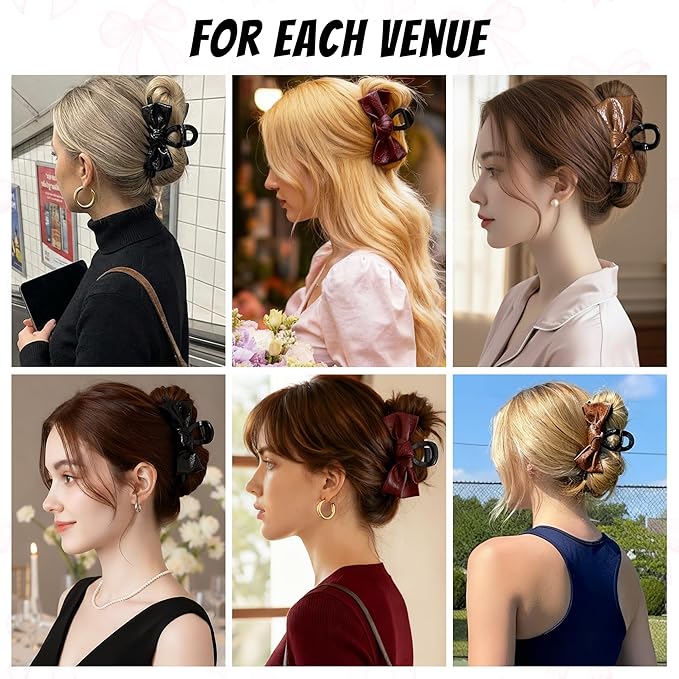 3Pcs Patent Leather Hair Claw Clips Set, Bowknot Hair Jaw Clamps in Brown-Black-Burgundy, Non-Slip Strong Hold Hair Accessories for Thin/Medium/Thick, Stylish Hair Grips for Women and Girls