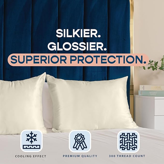 BLISSFORD Satin Pillowcase with Zipper, for Hair and Skin Care, Feels Soft and Cool Like a Silk Pillowcase, Satin Pillow Cases 2 Pack, Slik Pillow Cover, Ivory - Queen Size, Set of 2