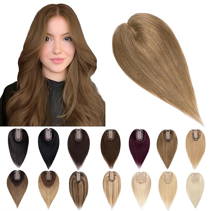 SEGO Human Hair Toppers for Women With Thinning Hair, 7 * 13CM Silk Base 100% Real Human Hair Clip in Top Wiglet Hairpieces -6 Inch No Bangs Light Brown