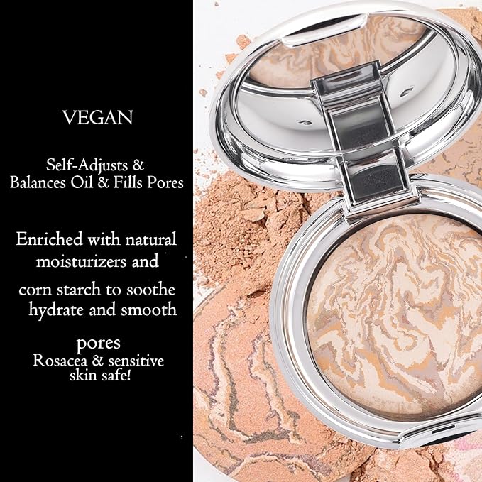 Marbleized Baked Foundation Makeup, Balance and Brighten Color Correcting Powder Foundation - Buildable Light to Medium Coverage - Demi-Matte Natural Finish (#001 FAIR, 0.32 Oz)