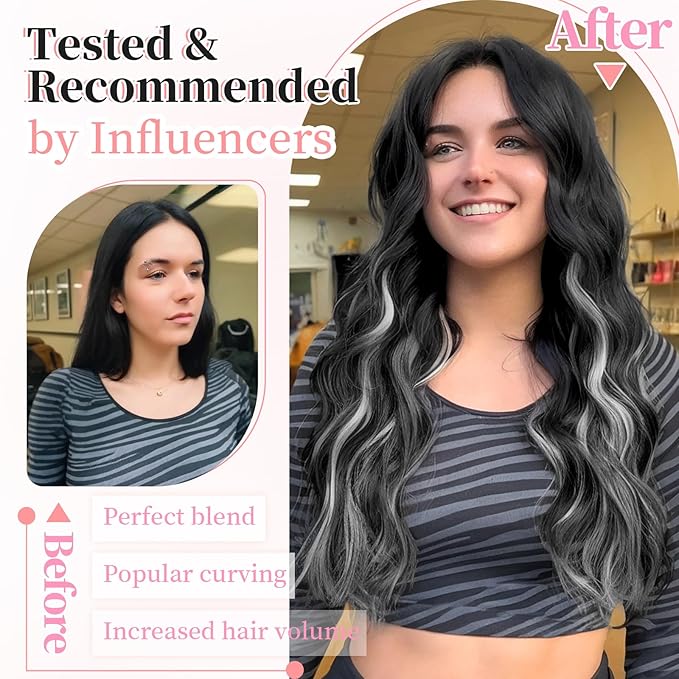 KooKaStyle Clip in Hair Extensions Long Wavy 4PCS Thick Hairpieces Synthetic Highlight Hair Extensions Black and White Mix Fiber Double Weft Natural 20Inch for Women