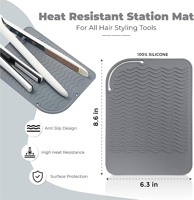 Silicone Hair Tool Holder & Heat Mat - Heat Resistant Mat for Hair Tools, Flat Iron, Curling Iron, Anti Heat Pad for Hair Straighteners - Professional Soft Rubber Pad & Flat Iron Cover