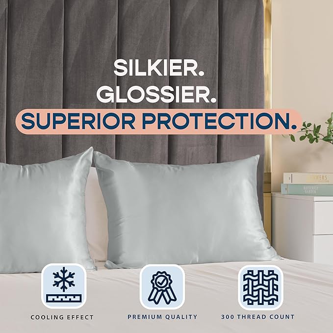 BLISSFORD Satin Pillowcase with Zipper, for Hair and Skin Care, Feels Soft and Cool Like a Silk Pillowcase, Satin Pillow Cases 2 Pack, Slik Pillow Cover, Silver Grey - Queen Size, Set of 2