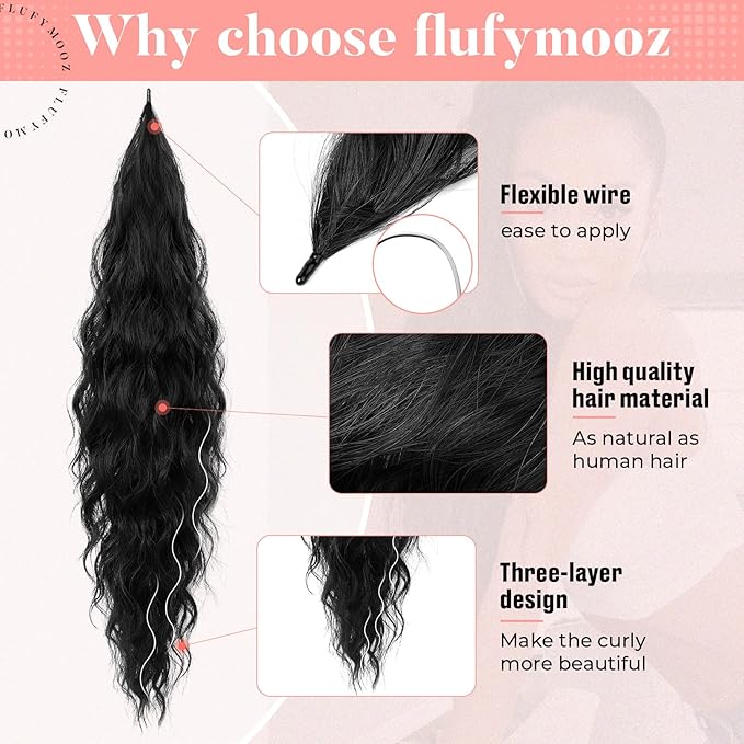 Flufymooz Ponytail Extension, Flexible Wrap Around Ponytail Extension Long Wavy Curly Ponytail Hair Extensions Natural pony tail Synthetic Hairpiece for Women 32 Inch (Natural Black)