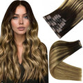Full Shine Human Hair Clip in Extensions 12 Inch Clip in Hair Extensions Balayage Dark Brown Ombre to Light Brown with Blonde Remy Hair for Style 8 PCS 95 G