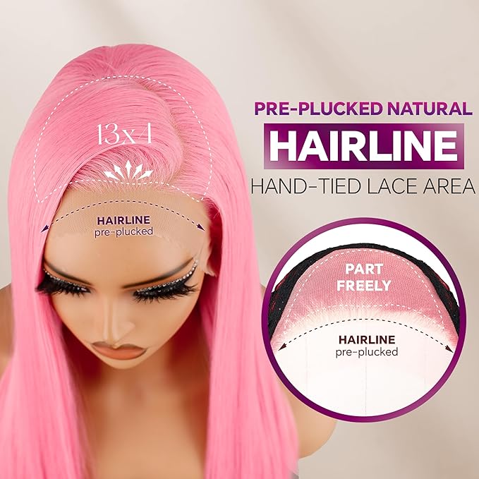 BLL Pink Wig, 13x4 Synthetic Lace Front Wig Pre-Plucked Glueless Long Silk Straight Wigs With Baby Hair Natural Density Ready to Wear Wigs For Women Suitable For Daily Party Wear 26inch