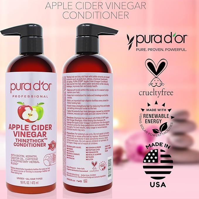PURA D'OR 16 Oz Apple Cider Vinegar Thin2Thick Conditioner - Biotin, Keratin, Caffeine, Castor Oil & Key Active Ingredients for All Hair Types, Men & Women