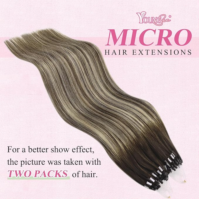 YoungSee Microbead Hair Extensions Human Hair Dark Brown Ombre Blonde Microlink Hair Extensions Human Hair Dark Brown Balayage Micro Loop Hair Extension 24 Inch 50g 50s Cold Fusion for Long Hair
