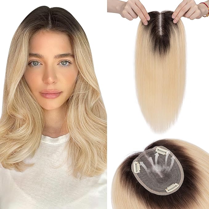 Hairro 100% Human Hair Topper No Bangs, Real Clip in Hair Hairpieces for Women, 3.94x4.72" Silk Base for Thinning Receding High Hairline, 12 Inch Natural Black to Blonde Middle Part