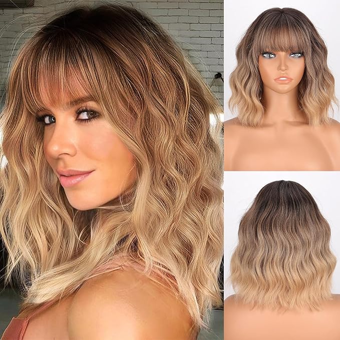 MISSQUEEN Ombre Blonde Wig with Bangs Short Wavy Brown Omber Blonde Wigs for Women Natural Looking Synthetic Heat Resistant Fiber Wig for Daily Party Cosplay Use