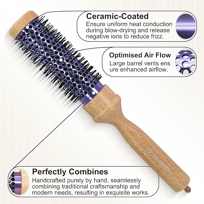 SUNBIRD Small Round Brush for Blow Drying - Wood Handle Professional Blowout Brush with Aluminium Ceramic Ionic Thermal Barrel for Smooth Hair, Volume & Heat Curly Styling (Outer Diameter1.7Inch)