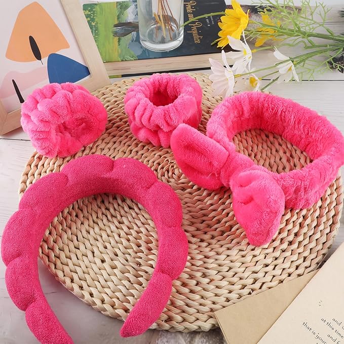 Zkptops 6Pcs Spa Headband for Washing Face Wristbands Set Women Bubble Skincare Makeup Sponge Terry Cloth Padded Puffy Headband Bow Tie Hairband Cute Non Slip Thick Hair Accessory Gifts (Rosy Red)