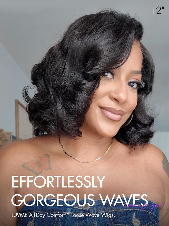 LUVME HAIR Loose Wave Bob Real 100% Human Hair Short Wigs Glueless Pre Cut Plucked Hd Lace Wig Ready To Go Natural Color Bleached Knots Side Part Black Wigs 12 Inches