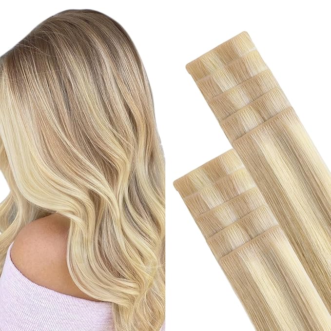 GOO GOO Invisi Edge Tape in Hair Extensions Human Hair, 18A/613A Dark Blonde Highlighted Bleach Blonde, 10pcs 24inch 30g, Virgin Remy Hair, Seamless Injected Tape, Natural Look