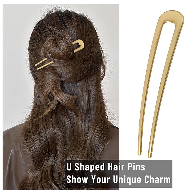 6Pcs Metal French Hair Pins for Women U Shape Sticks 3.9 Inch Vintage Fork for Hairstyle Accessories(Gold)