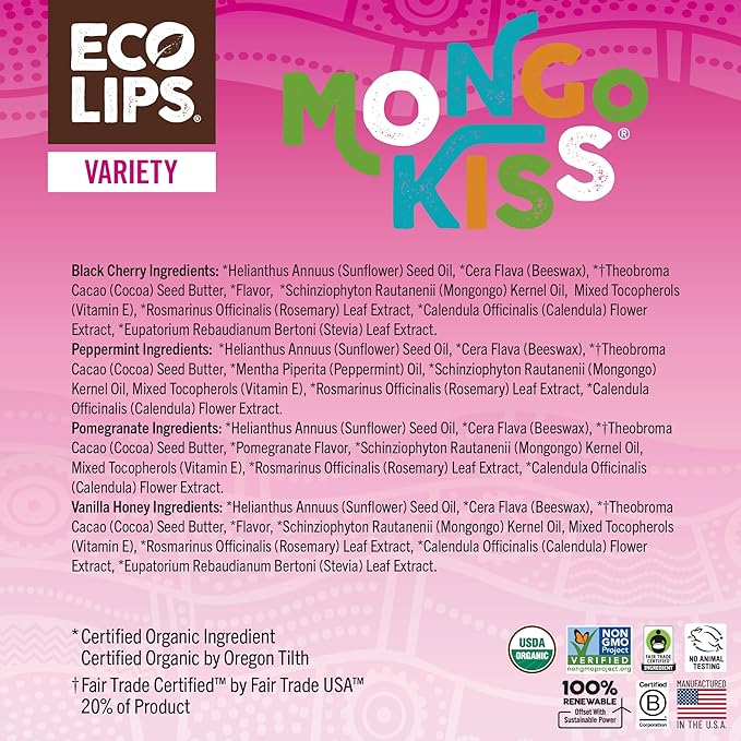 Eco Lips Mongo Kiss Organic Lip Balm 4 Pack Peppermint, Pomegranate, Vanilla Honey, Black Cherry - 100 Percent USDA Organic - Soothe, Moisturize Dry, Cracked and Chapped Lips - Made in USA