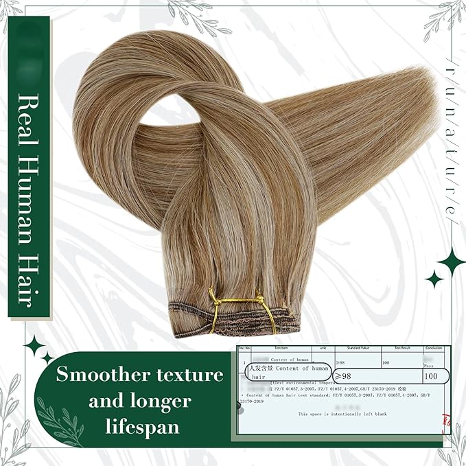 RUNATURE Human Hair Clip in Extensions, 18 Inch Clip in Human Hair Extensions, Real Natural Hair for Women, Add Hair Length, Easy to Apply, 50g 3pcs #10P16 Dark Blonde Highlight Caramel Blonde