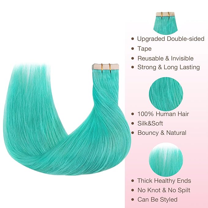GOO GOO Tape in Hair Extensions Human Hair, Teal Green, 18inch 25g 10pcs, Colored Tape ins Human Hair Extensions, Silky&Soft Invisible Tape Ins, Hair Highlighted for Party
