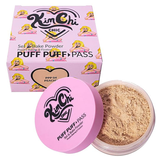 Kimchi Chic Beauty Puff Puff Pass Set and Bake Powder, Loose Face Powder with Extra Fluffy Setting Powder Puff, Soft Peach Face Makeup for Uneven Skin Tone, 04 Peachy