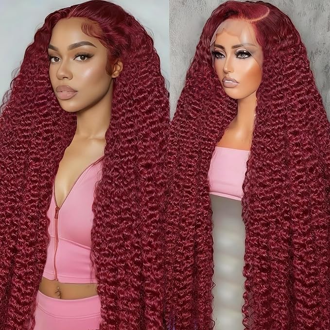 18 Inch 99J Burgundy Lace Front Wigs Human Hair Deep Wave 13x6 HD Lace Front Wigs Pre Plucked with Baby Hair Wet and Wavy Human Hair Wig 200% Density Deep Curly Frontal Wigs for Black Women