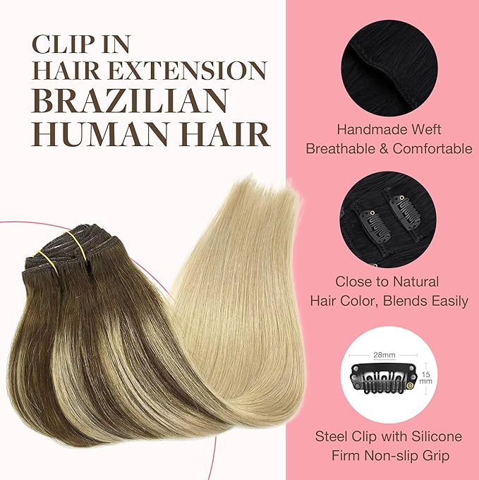 GOO GOO Clip in Hair Extensions Real Human Hair, Remy Human Hair Extensions Clip ins for Women, Natural Human Hair, 16inch 120g 7Pcs, 4/18 Balayage Chocolate Brown Highlighted Dirty Blonde