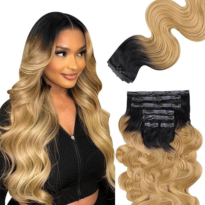 Lashey Seamless Clip in Hair Extensions Human Hair 7pcs 110g 14 Inch Body Wave Ombre Natural Black to Honey Blonde Hair Extensions Clip ins with Soft PU Weft