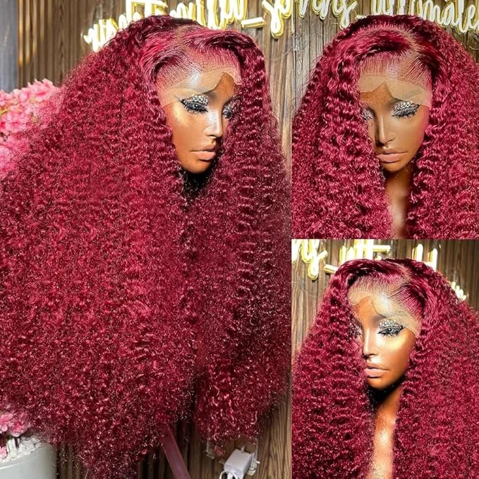 250 Density Burgundy Wig Human Hair Hidden Strap 360 Lace Front Wigs Human Hair Deep Wave Invisible Strap Pre Plucked Bleached Knots Glueless Drawstring Curly Human Hair Wig for Women (22inch)