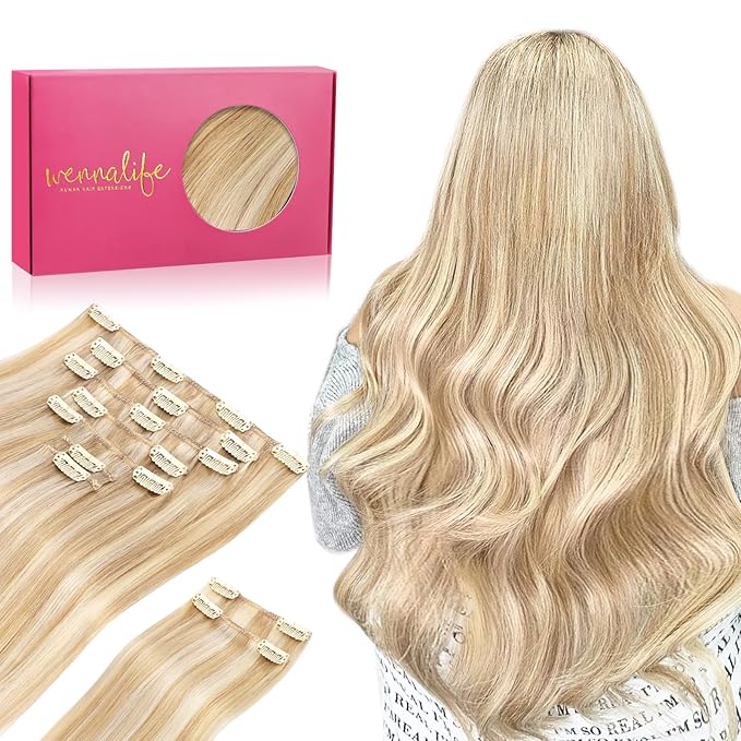WENNALIFE Hair Extensions Clip In, 9pcs 22inch 150g Dirty Blonde Highlighted Bleach Blonde Thicker Clip In Hair Extensions Real Human Hair Remy hair extension Double Weft