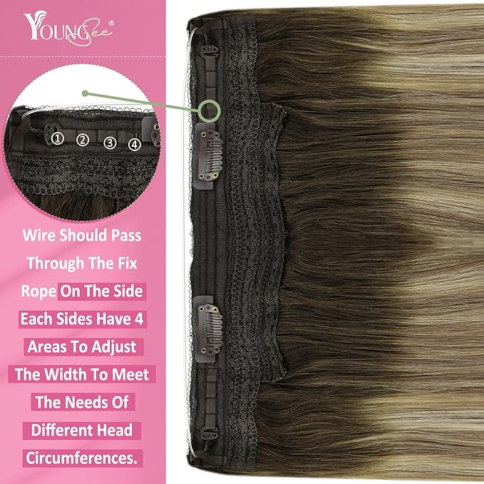 YoungSee 135G Hair Extensions Wire Brown Blonde Human Hair Wire Extensions for Women Fish Line Hair Extensions Real Human Hair Balayage Walnut Brown Balayage Light Blonde 24inch