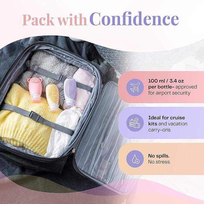Sumina Silicone Travel Bottles 3-Pack (3.4 oz) with TSA Bag | TSA-Approved Leakproof Toiletry Containers | Refillable Shampoo Bottles with Gentle Exfoliation | Soft, Squeezable Silicone