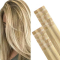 GOO GOO Invisi Edge Tape in Hair Extensions Human Hair, 16/22 Light Blonde Highlighted Golden Blonde, 10pcs 22inch 30g, Virgin Remy Hair, Seamless Injected Tape, Natural Look